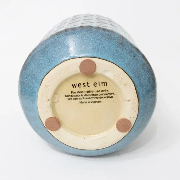 West Elm Pottery Ceramic Flower Vase Round Blue Beige Glazed 7" MCM Boho Decor - Picture 5 of 9